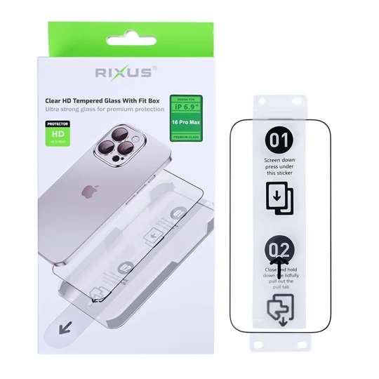 Rixus Clear HD Tempered Glass mit Fit Box für Apple iPhone 16 Pro Max