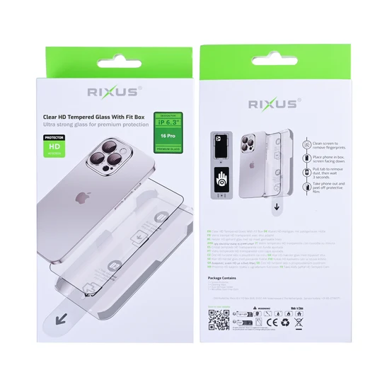Rixus Clear HD Tempered Glass mit Fit Box für Apple iPhone 16 Pro