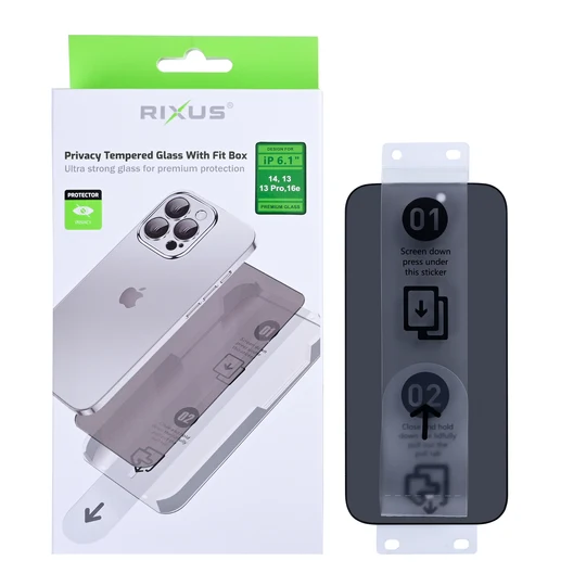 Rixus Privacy Tempered Glass mit Fit Box für Apple iPhone 14 , 13, 13 Pro, 16e, 17e