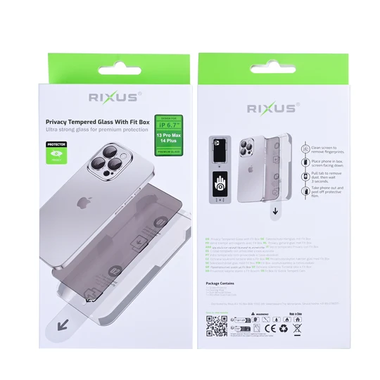 Rixus Privacy Tempered Glass mit Fit Box für Apple iPhone 13 Pro Max / iPhone 14 Plus