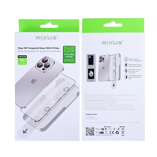 Rixus Clear HD Tempered Glass mit Fit Box für Apple iPhone 13 Pro Max / iPhone 14 Plus