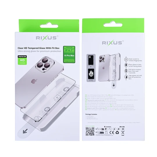 Rixus Clear HD Tempered Glass mit Fit Box für Apple iPhone 15 Pro Max