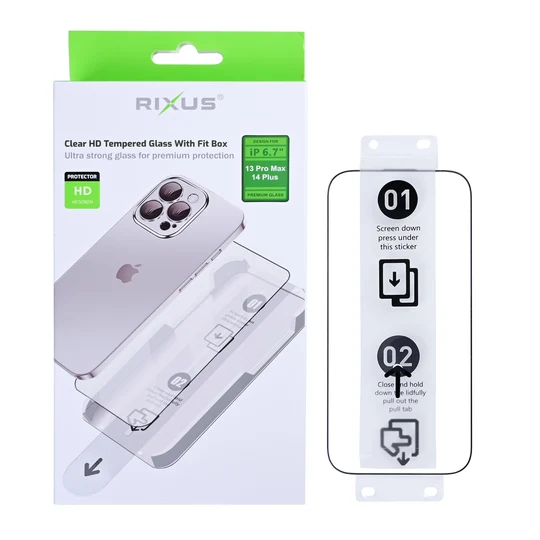 Rixus Clear HD Tempered Glass mit Fit Box für Apple iPhone 13 Pro Max / iPhone 14 Plus