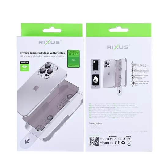 Rixus Privacy Tempered Glass mit Fit Box für Apple iPhone 15