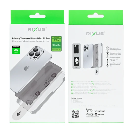 Rixus Privacy Tempered Glass mit Fit Box für Apple iPhone 18 Pro Max