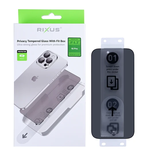 Rixus Privacy Tempered Glass mit Fit Box für Apple iPhone 16 Pro